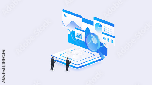Stock market isometric of financial dashboard data analysis with gantt charts, businessman, and financial metrics in blue digital style.
