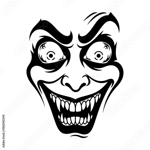 A sinister grinning demonic face with sharp teeth and wide, crazed eyes rendered in a bold black and white graphic illustration style with evil