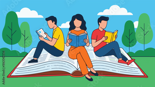 Group of diverse people reading books outdoors on a giant open book