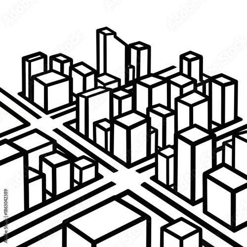 Clean isometric line art illustration of a modern abstract cityscape with geometric skyscrapers and intersecting streets viewed from a high angle perspective on a white