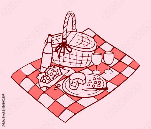 Picnic party Invitation. Coquette hand drawn line art.