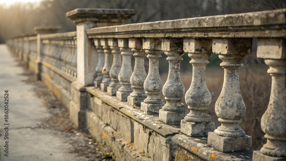 Fototapeta premium Vintage stone balustrade with some missing balusters, selective focus,architecture, stone, balustrade, sky, balcony, building, column, columns, travel, roman, style, old, marble, fence, decoration, 