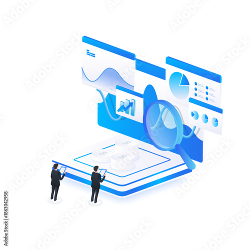Stock market isometric of financial dashboard data analysis with gantt charts, businessman, and financial metrics in blue digital style.