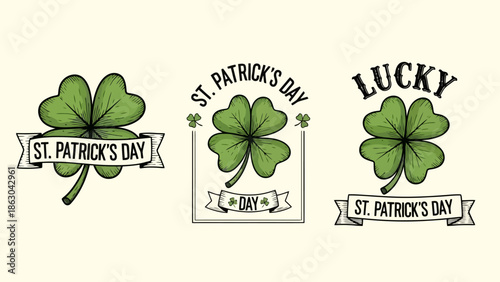 Three vintage illustrations of four-leaf clovers with St. Patrick's Day themed text banners and frames.
