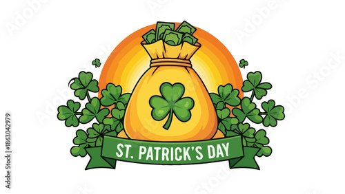 A vibrant illustration for St. Patrick's Day featuring a money bag overflowing with green currency, surrounded by lush shamrocks and a warm, glowing sun.