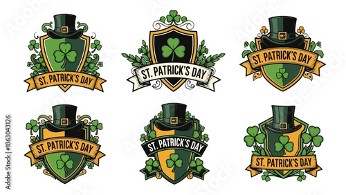 St. Patrick's Day Emblems Featuring Lucky Clovers, Top Hats, and Decorative Greenery on Shields