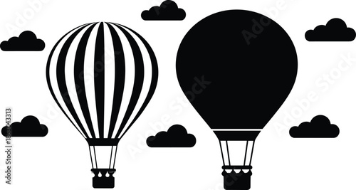Set of hot air balloon silhouettes with clouds featuring both striped and solid black designs for travel adventure and freedom concepts