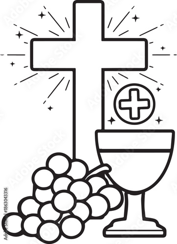 Holy Communion icon with cross, chalice, wafer, grapes, and radiant sparkles in black silhouette design