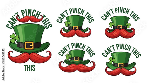 Collection of Saint Patrick's Day green hats with red mustaches and shamrocks, saying "Can't Pinch