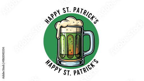A festive green beer mug overflowing with foamy head, celebrating St. Patrick's Day with a circular green background and text.