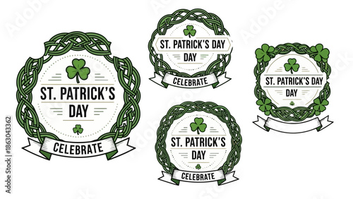 St. Patrick's Day Decorative Circular Badges with Celtic Knots, Shamrocks, and "Celebrate" Banners