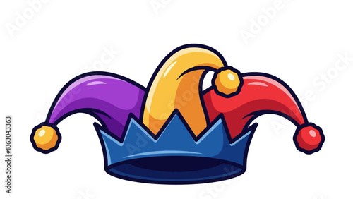 A colorful jester's hat with three points, adorned with pom-poms and a blue jagged crown.