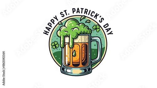 A frothy mug of green beer with shamrocks and the text "Happy St. Patrick's Day" encircling the top.