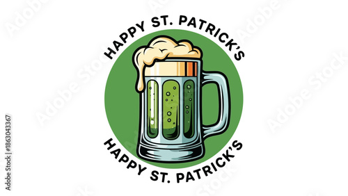 A refreshing mug of green beer with frothy head, celebrating St. Patrick's Day with festive circular text.