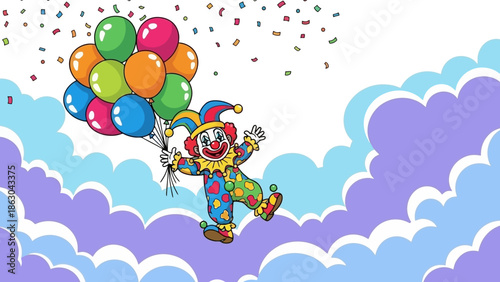 A cheerful clown in a colorful costume floats joyfully in the sky, holding a bunch of vibrant balloons amidst a shower of confetti and whimsical clouds.
