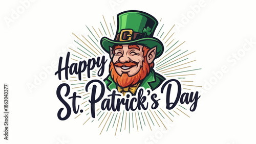 A cheerful leprechaun wearing a green hat with a shamrock, wishing a Happy St. Patrick's Day with radiating lines.