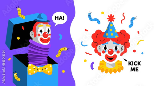 A split image featuring a jack-in-the-box clown on the left and a clown face with a 'kick me' sign on the right, surrounded by confetti and worms.