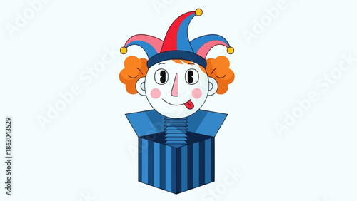 A cartoon illustration of a jack-in-the-box toy with a jester hat and red curly hair, popping out of a blue striped box.