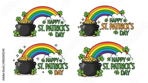 Happy St. Patrick's Day holiday design with pot of gold, rainbow, shamrocks, and clouds, celebrating