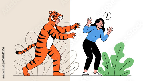 A person in a tiger costume playfully scares a startled woman in a blue shirt and black pants, surrounded by abstract foliage.