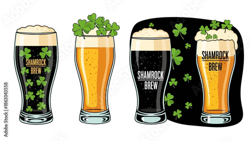 Four different beer glasses with foam and shamrocks, labeled 'Shamrock Brew'.
