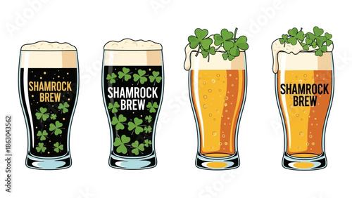 Four glasses of dark and light beer decorated with shamrocks and "Shamrock Brew" text for St.
