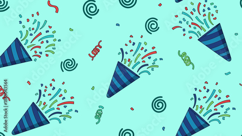 A festive and colorful background pattern featuring blue party poppers exploding with confetti and streamers against a light teal backdrop with swirling green and red decorative elements.