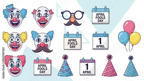 A collection of colorful cartoon illustrations related to April Fools' Day, featuring clowns, calendars, party hats, and balloons.