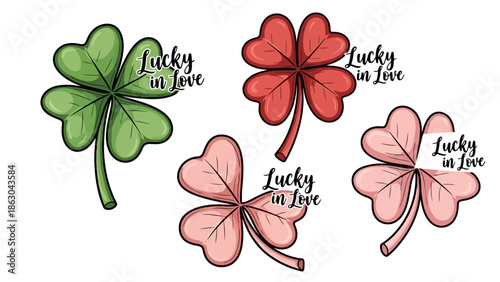 A collection of four-leaf clovers with the phrase "Lucky in Love" written on them, in various shades of green and pink.