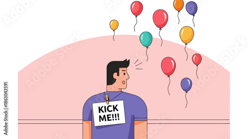 A man with a "KICK ME!!!" sign on his back is surrounded by balloons, suggesting a prank or a moment of vulnerability.