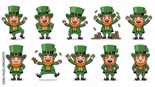 Set of Cartoon Leprechauns in Green Outfits with Hats, Showing Various Gestures and Holding Gold