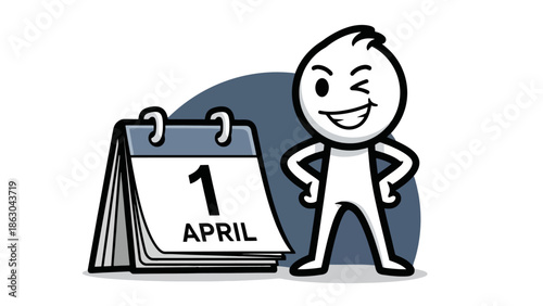 A cartoon character winks next to a desk calendar showing April 1st, symbolizing April Fools' Day.