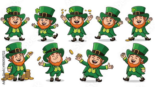 A collection of eight cheerful leprechauns in various poses, celebrating with gold coins and shamrocks.