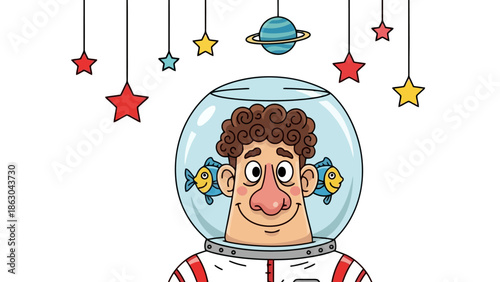 A cartoon man wearing an astronaut helmet filled with water and two fish swimming inside, with planets and stars hanging above.