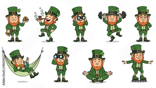 A collection of cartoon leprechauns in various poses and activities, celebrating St. Patrick's Day.