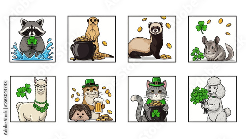 St. Patrick's Day animals: raccoon, meerkat, ferret, chinchilla, llama, otter, hedgehog, cat, poodle.