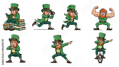 A collection of seven cartoon leprechauns in various poses and activities, including reading, running, talking on the phone, flexing muscles, and riding a unicycle.