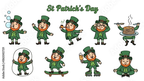 A collection of ten cartoon leprechauns celebrating St. Patrick's Day with various activities and expressions.