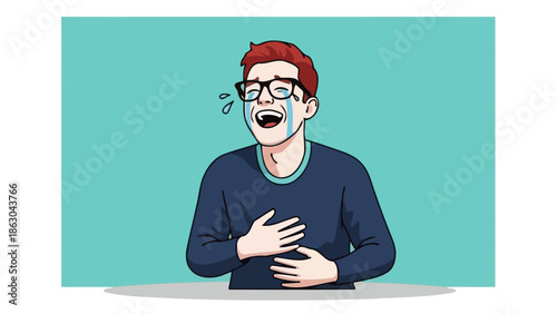 A man with red hair and glasses is crying and laughing intensely, holding his stomach.