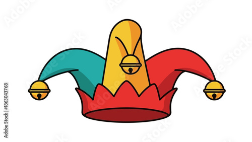 A colorful jester's hat with three points adorned with golden bells, symbolizing fun and entertainment.
