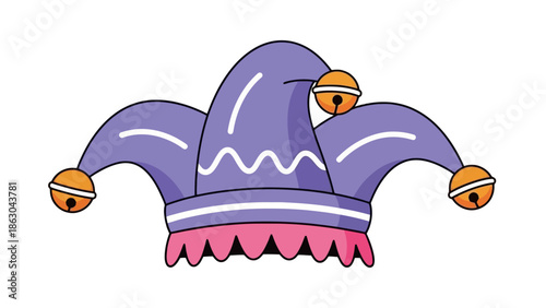 A whimsical purple jester hat adorned with golden bells and a pink ruffled brim.