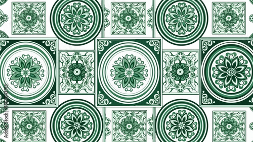 Seamless pattern of intricate green floral and geometric tile designs on a white background.