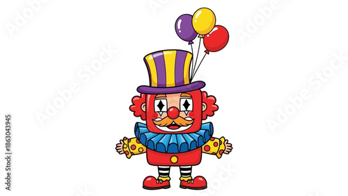 A cartoon illustration of a friendly clown wearing a purple and yellow striped top hat and a ruffled collar, holding balloons.