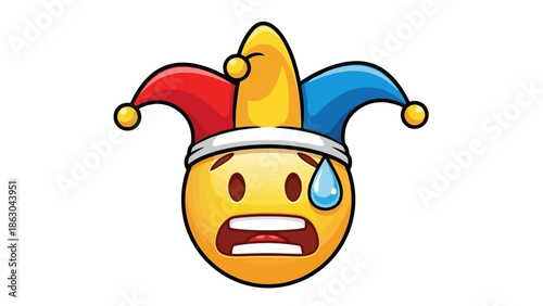 A distressed emoji wearing a jester's hat, with sweat drops indicating anxiety and fear.