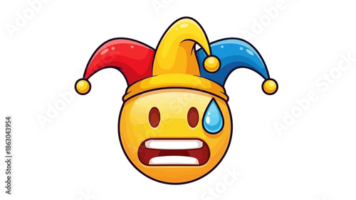 A cartoon emoji wearing a jester hat with a worried expression and a bead of sweat on its forehead.