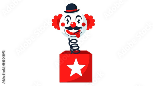 A classic jack-in-the-box toy featuring a clown popping out of a red box with a white star.