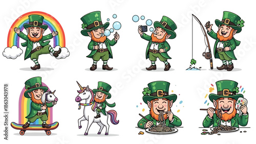 Collection of cartoon leprechauns in various poses, including fishing, skateboarding, and riding a unicorn.