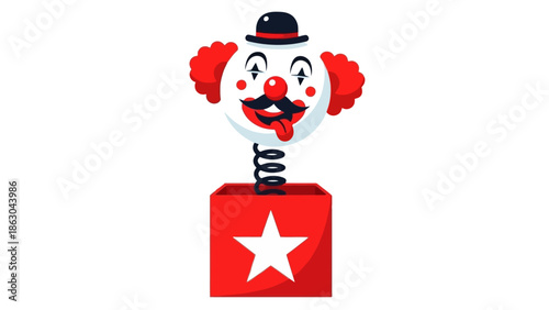 A classic jack-in-the-box toy with a clown popping out of a red box with a white star.