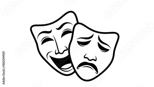 A black and white illustration of two theatrical masks, one depicting joy and the other sorrow, symbolizing the duality of human emotions and the performing arts.