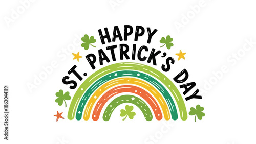 Happy St. Patrick's Day celebration with rainbow, shamrocks and stars, festive greeting illustration